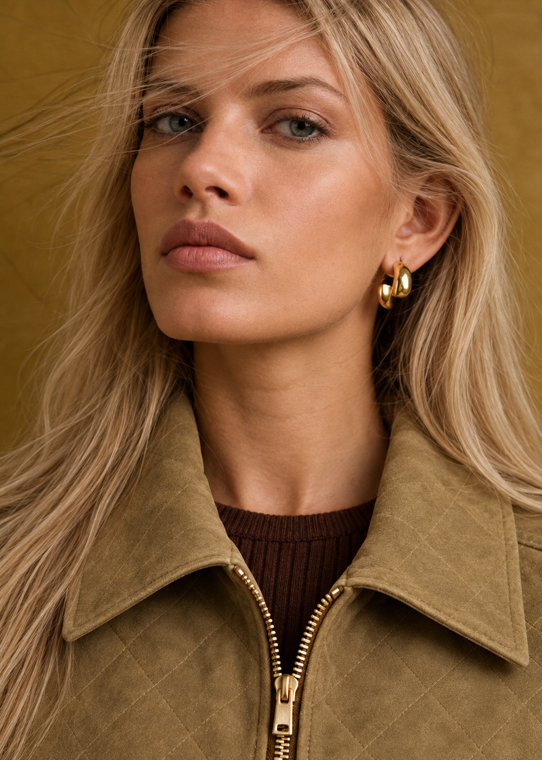 Nora Valli jacket collar portrait with blonde model — generated design preview