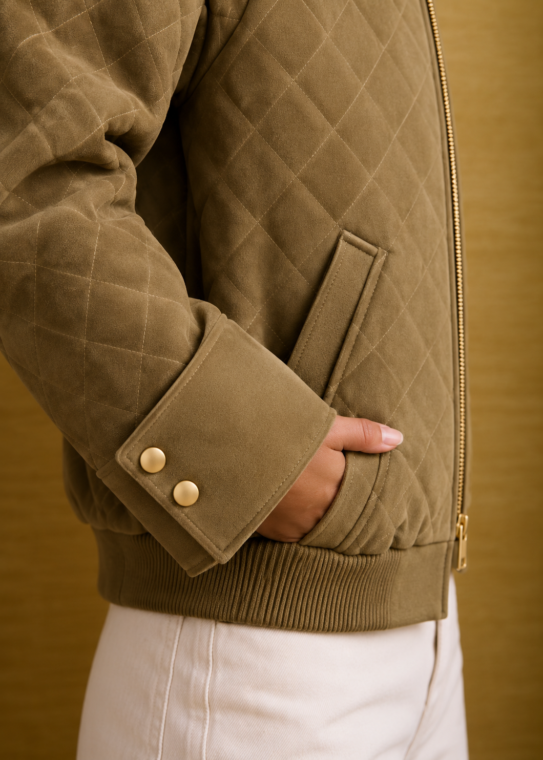 Nora Valli jacket plain two-button cuff and quilted pocket detail — generated design preview
